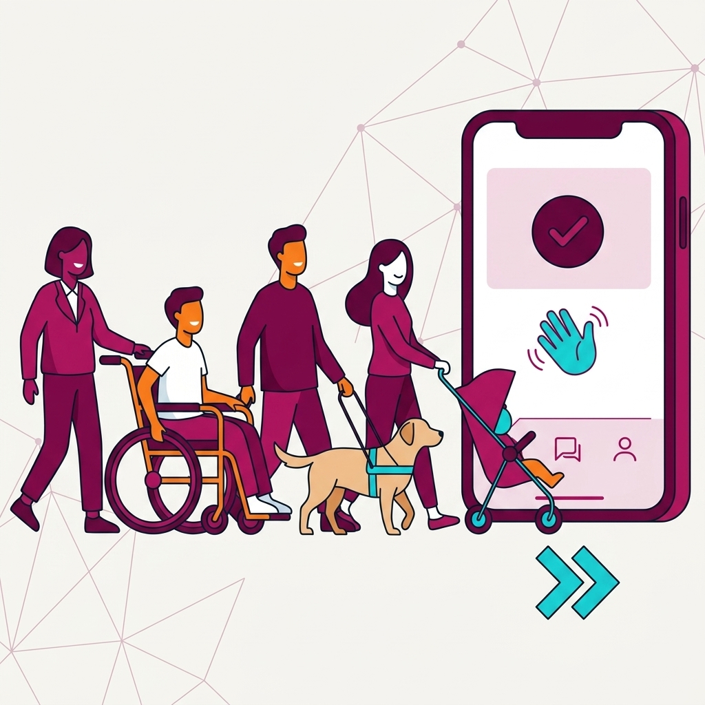 A clean, modern vector illustration of diverse travellers&mdash;including a wheelchair user and a person walking with a guide dog&mdash;moving forward confidently. Beside them, a simple smartphone graphic displays a friendly hand-wave icon, representing the WelcoMe assistant tool.